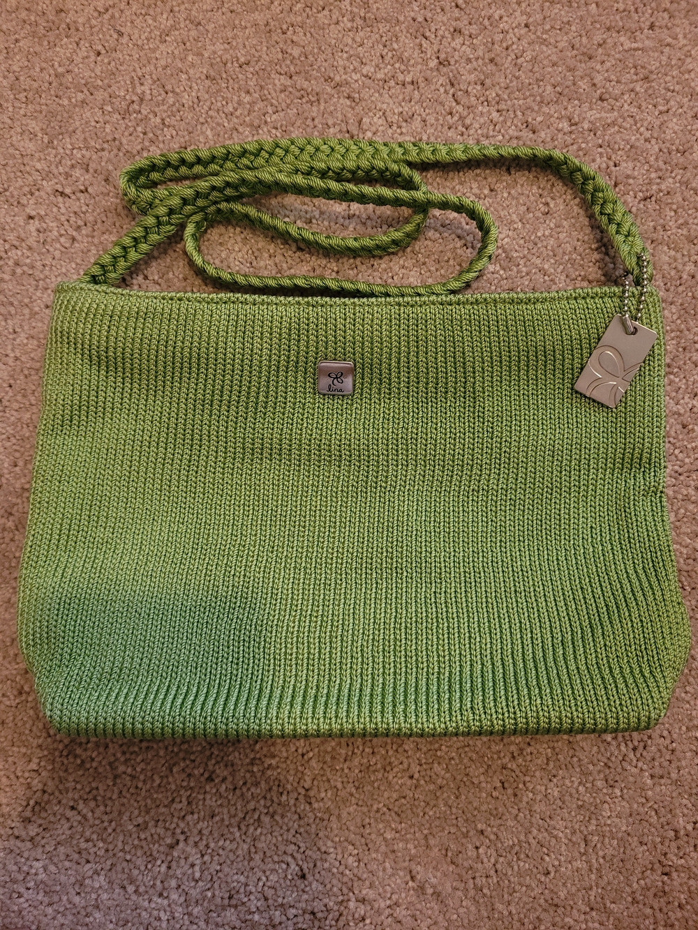 Lina Bright Green Knit Shoulder Bag Braided Strap Floral Lining Y2K Purse EUC